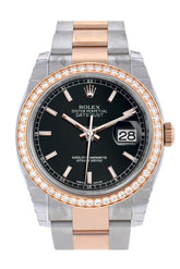 Custom Diamond Bezel Rolex Datejust 36 Black Dial Oyster Rose Gold Two Tone Watch 116201 116231